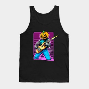 Skeletal Serenade: Jack-o'-Lantern Strumming in Blues Tank Top